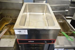 Winco FW-S500 Countertop Food Warmer, 120V, 1 Phase. Stainless steel, dial controls, item tag indicating lot 166.