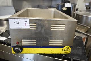 Qualite FW-1200WF Countertop Food Warmer in used condition, 120 Volts, stainless steel, with temperature knob and auction tag.