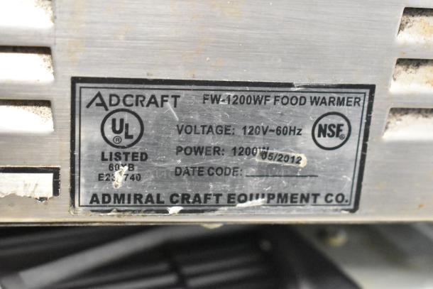 Qualite FW-1200WF countertop food warmer, 120V, 1 phase. Adcraft FW-1200WF label shows UL and NSF certified, 1200W power.