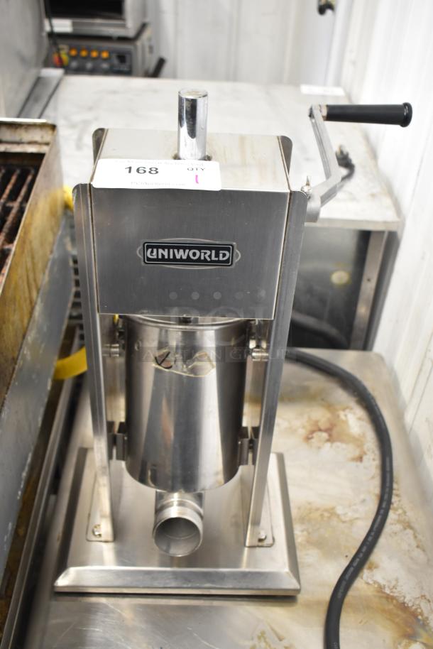 Uniworld Countertop Sausage Stuffer, stainless steel, crank handle, visible Uniworld logo, auction tag 168.