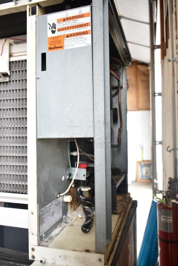 Manitowoc SY0854A Commercial Ice Head with bin, 208-230V, 1 Phase, shows wiring and warning labels.