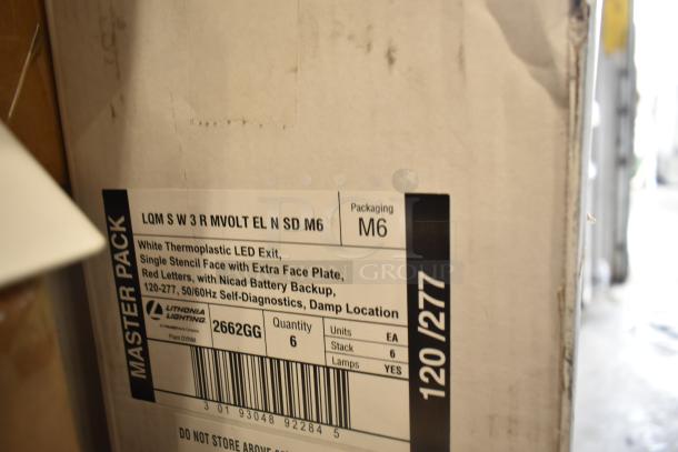 Box with Lithonia Lighting label for white thermoplastic LED exit with stencil face, red letters, NiCad battery backup.