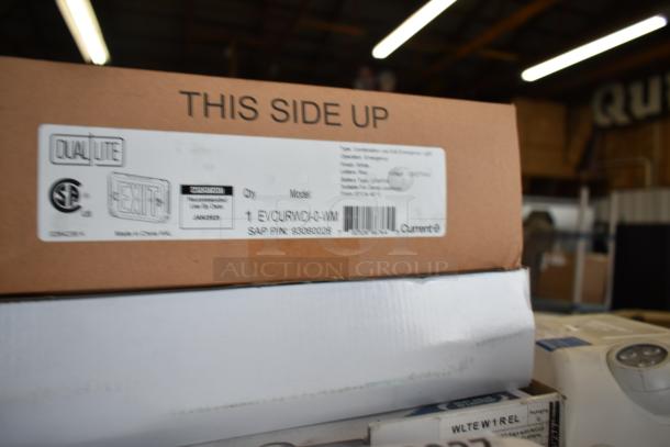 Box of Dual Lite LED Emergency Lights, Model EVCURWD I-Q-WM, 47 items; label indicates use by Jan 2026, made in China.