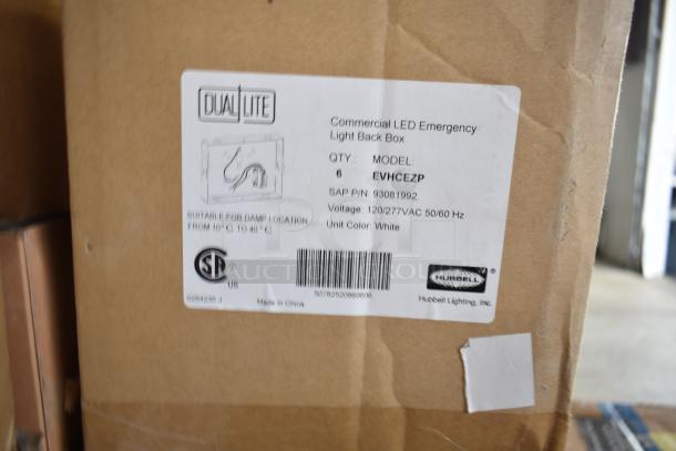 Box with Dual Lite LED Emergency Lights, model EVHCEZP. Voltage 120/277VAC. Suitable for damp locations. 47 items total.