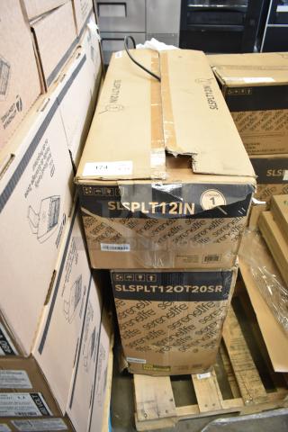 SereneLife SLSPLT12IN and SLSPLT12OT20SR air conditioners in original boxes, unopened, with visible labels and model numbers.