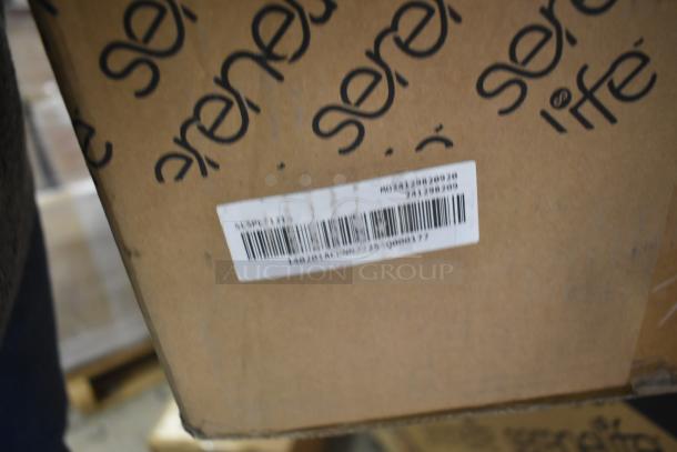 SereneLife air conditioning units; SLSPLT12IN portable and SLSPLT12OT20SR outdoor split, barcode visible on packaging.