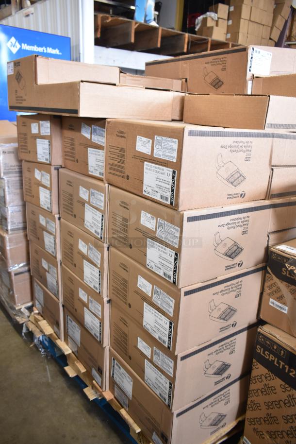 Boxes of 54 new scratch and dent items, including Lithonia Lighting RSX2 LED P6 50K R5S 480 lights, stacked on pallets.