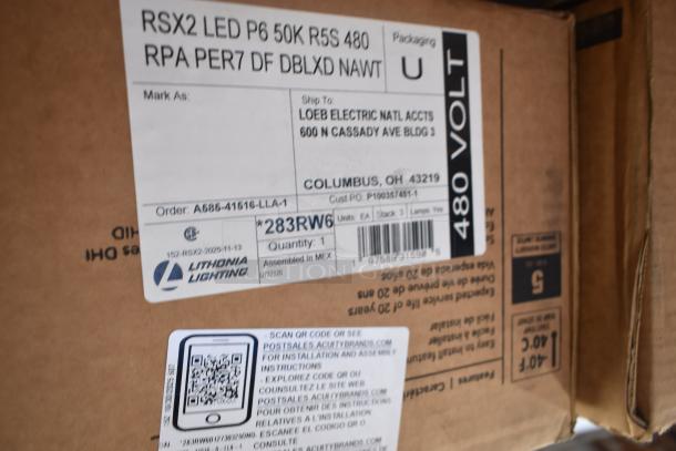 Cardboard box with label for Lithonia Lighting RSX2 LED P6 50K R5S 480 light, new, 480 volt, shipped to Columbus, OH.