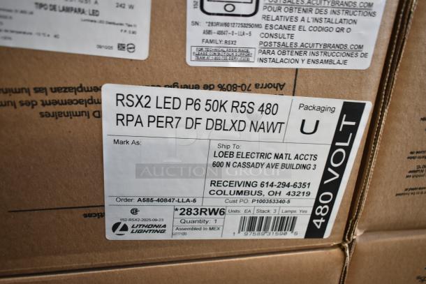 Box of Lithonia Lighting RSX2 LED P6 50K R5S 480, labeled "Assembled in MEX," shipped to Loeb Electric, Columbus, OH.
