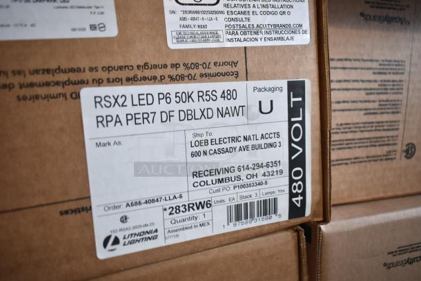 54 new scratch-and-dent items including Lithonia Lighting RSX2 LED P6 50K R5S 480 light, labeled for shipping.
