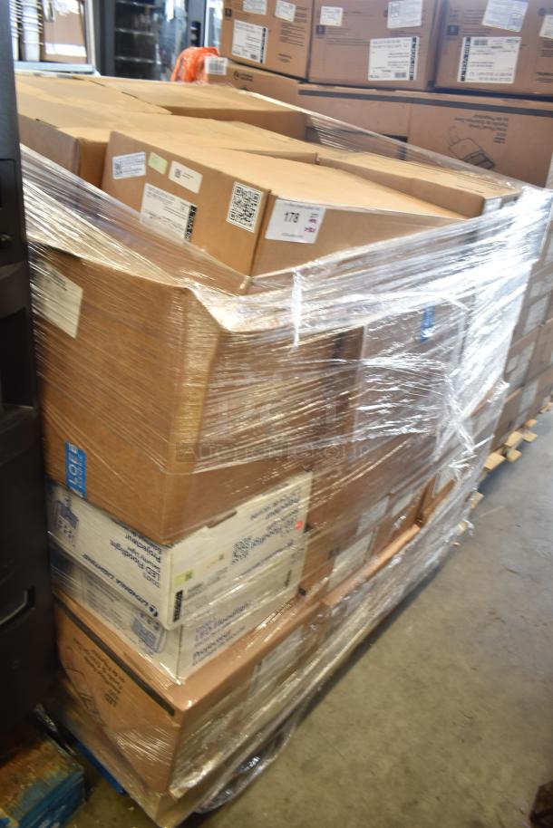 Pallet of 32 new Lithonia Lighting DSXF3 LED floodlights, scratch and dent condition, shrink-wrapped for auction.