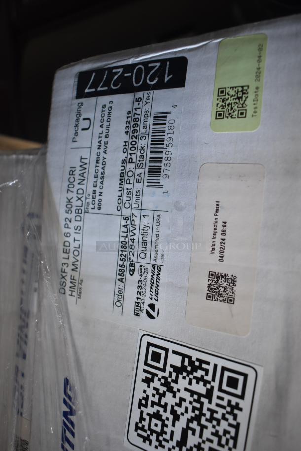 Box label for Lithonia Lighting DSXF3 LED 6 P2 50K 70CRI light, showing order details and QR codes.