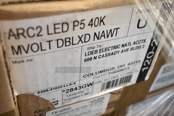 Box label for ARC2 LED P5 40K light, shipping info for Loeb Electric in Columbus, OH. Part of 32 scratch and dent items.