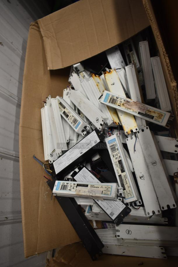 Box of 180 various ballasts, mixed condition, brands include Philips Advance, some with labels and minor rusting.