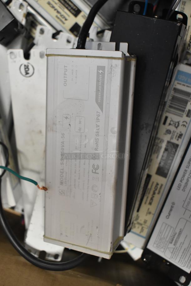 Assorted ballasts, 180 total, visible labels: Sosen LED driver, models include SS-150VA-56, used condition.