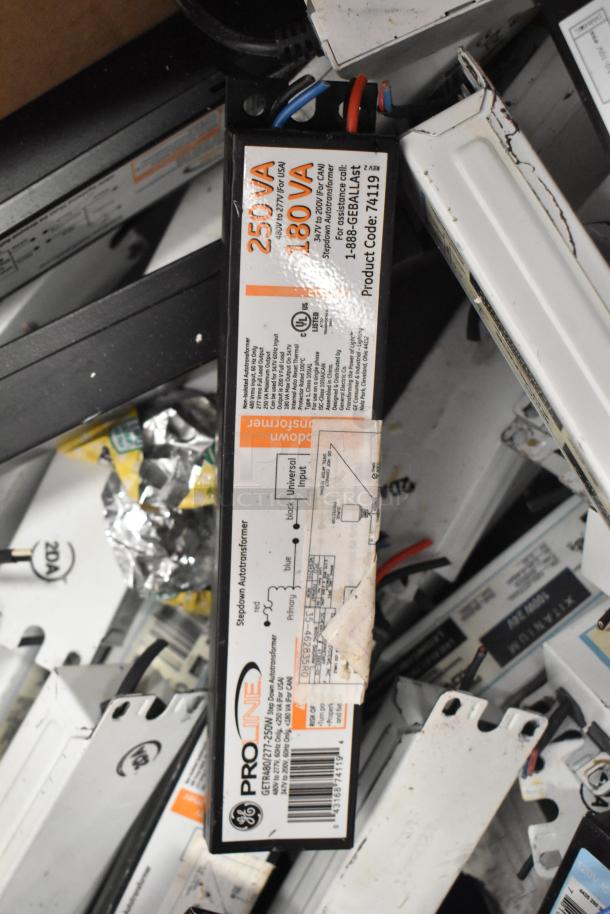 Assorted 180 ballasts, model GETR480/277, 250VA, mixed condition, ProLine by GE, visible product labels and wiring.