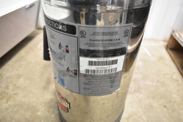 Set of 7 various fire extinguishers, UL listed, Classification 1-A:K, buyer pickup only, no shipping available.