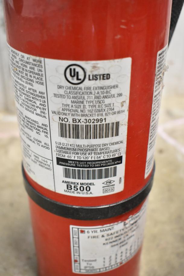 Red Amerex Model B500 fire extinguisher with UL listing. Dry chemical type, 5 lb capacity, made in USA, 2013.