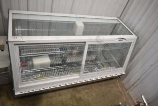 Brand new KoolMore CDC-250-WH countertop display refrigerator. Features glass doors, wire shelves, minor scratches. 115V, 1 Phase.