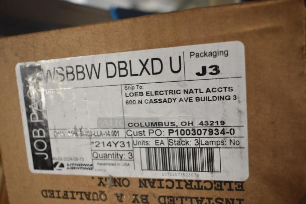 Lithonia Lighting WSBBW DBLXD U Light packaging with label, new scratch and dent condition, quantity 3.
