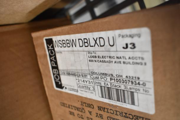Box label for Lithonia Lighting WSBBW DBLXD U, new scratch and dent condition, shipped to Loeb Electric. Quantity: 3.