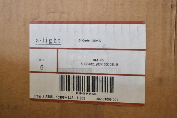 Box label for 6 Alight ALG3R612L lights, 90CRI, 30K, model features scratching and denting. Order #A585-15996.