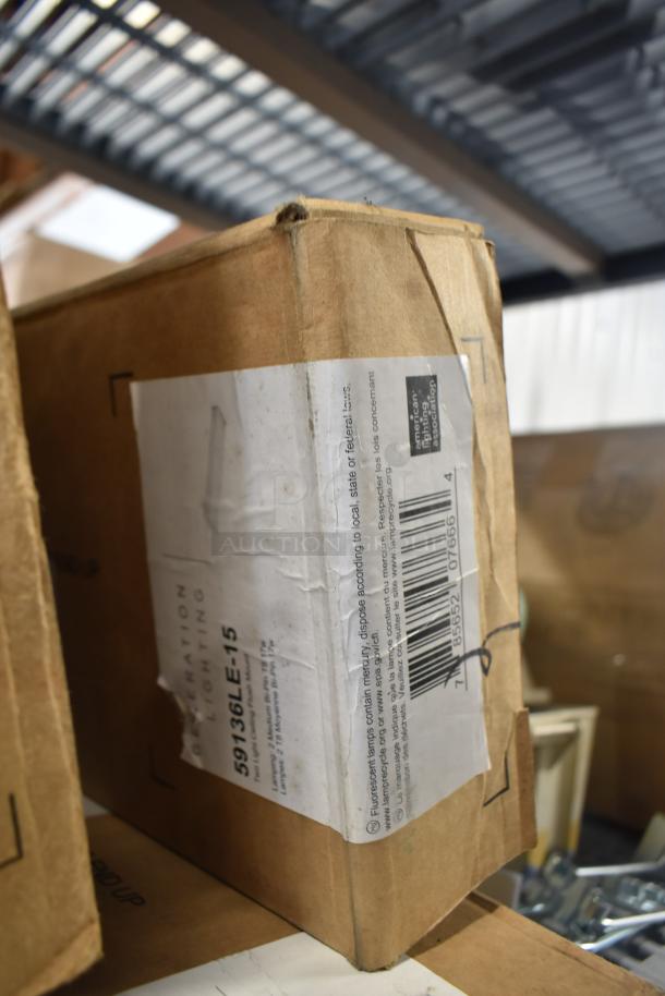 Cardboard box of Alight 59136LE-15 lamping bi-pin light, labeled with barcode, part of a lot with emergency lights.