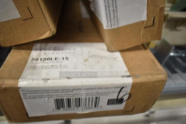 Five lighting items, including Alight 59136LE-15 Bi Pin light, Lithonia Lighting, and Dual Lite LMW401-FX emergency lights. Boxes show model numbers and specifications.