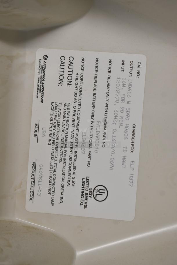 Alight 59136LE-15 Bi Pin Light, Lithonia Lighting Emergency Light, Dual Lite LMW401-FX. Includes label details.