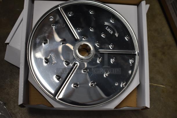 Stainless steel slicing blade, new in open box. Features "Lock" marking and "3mm" label. Ideal for slicing tasks.