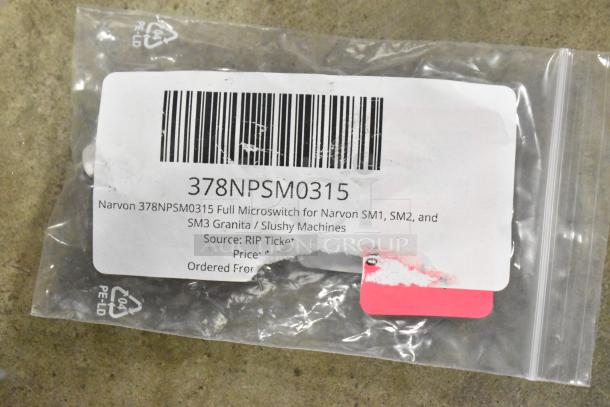 Bagged Narvon 378NPSM0315 Microswitch for SM1, SM2, SM3 Slushy Machines, new condition, labeled and barcoded.