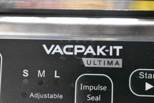 VacPak-It 186UVME16SS Ultima vacuum packing machine panel showing settings and logo.