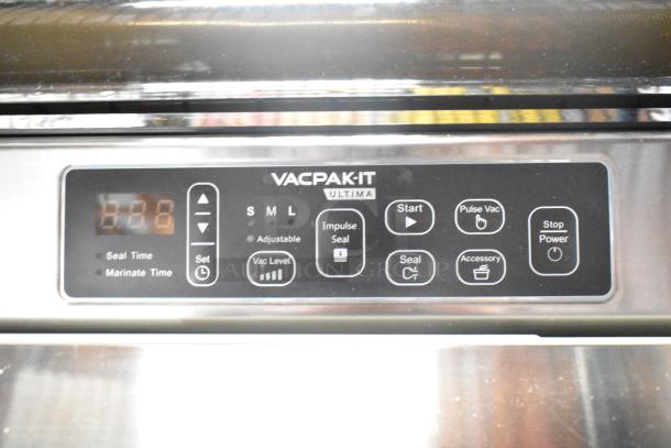 BRAND NEW VacPak-It 186UVME16SS Vacuum Packing Machine with 16" seal bar, roll cutter, dual piston dry pump, control panel view.