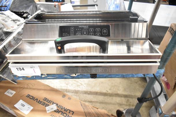 VacPak-It 186UVME16SS Vacuum Packing Machine with 16" seal bar, roll cutter, dual piston dry pump, new condition, visible controls.