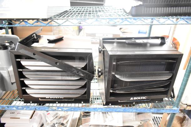 2 Boltic VF-7500 electric heaters, ceiling-mounted, 240V, 1 phase. Brand new with minor scratches. Model details on front.