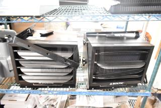 2 Boltic VF-7500 electric heaters, ceiling-mounted, 240V, 1 phase. Brand new with minor scratches. Model details on front.
