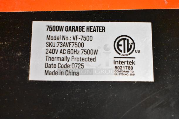Label on Boltic VF-7500 garage heater showing model details: 7500W, 240V, thermally protected, made in China.