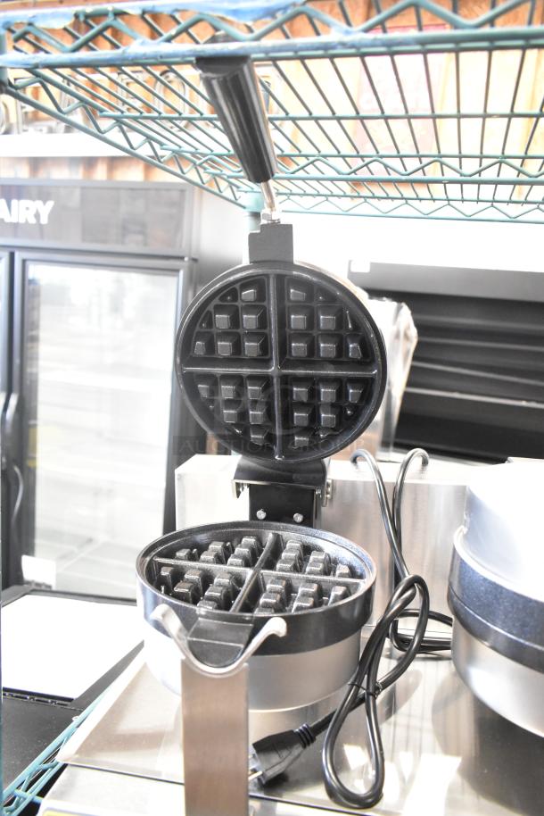 Brand new Carnival King 382WBM26DGT non-stick double Belgian waffle maker with digital timer and temp controls.