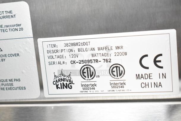 "Label on a Carnival King 382WBM26DGT waffle maker showing model, voltage, wattage, and certification markings."