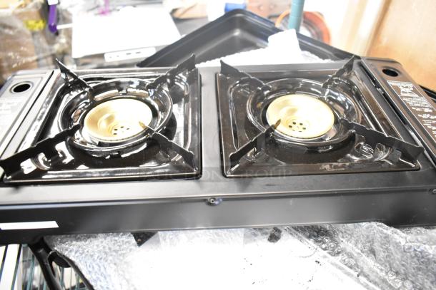 Brand new Choice LR-KT300, 2-burner portable butane stove, brass burners, 30000 BTU, scratch and dent condition.