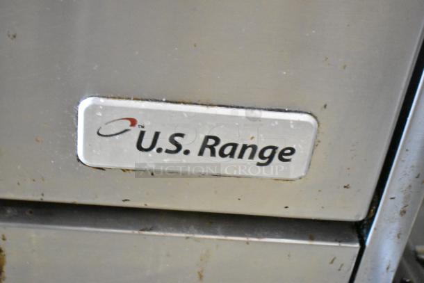 US Range Commercial Gas Charbroiler Grill with Oven, stainless steel body. Brand label visible, used condition.