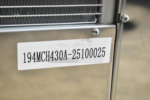 Brand new Avantco 194MCH430A modular half cube ice machine, 400 lb capacity, 115V, 1 phase. Serial tag shown.