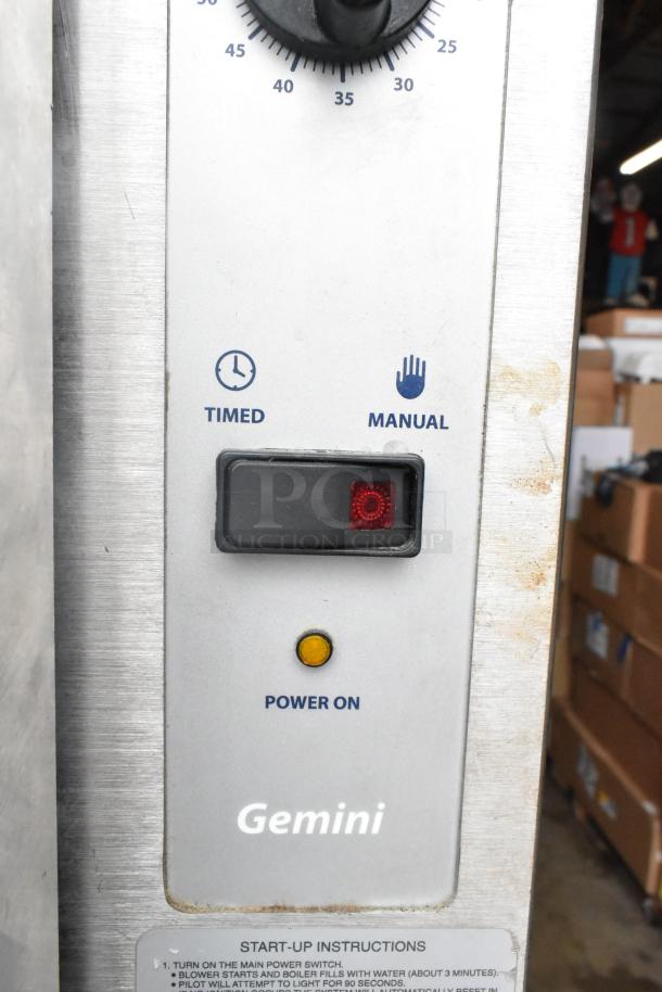 2016 Cleveland 24CGA10.2 Gemini steam cabinet control panel with manual and timed settings, power indicators, and start-up instructions, showing slight wear.