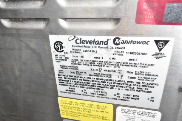 2016 Cleveland 24CGA10.2 Gemini steam cabinet label. Natural gas, 72,000 BTU, model 24CGA10.2, commercial use.
