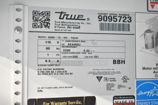 2017 True GDM-72-HC Commercial Cooler; 115V, 1 Phase; model and specs label shown, featuring R290 refrigerant.