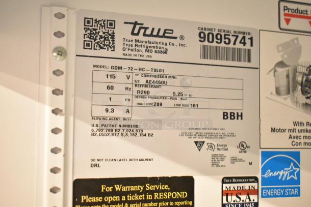 2017 True GDM-72-HC 3 Door Cooler Merchandiser, 115 Volts, Energy Star, serial 9095741, R290 refrigerant. Made in USA.