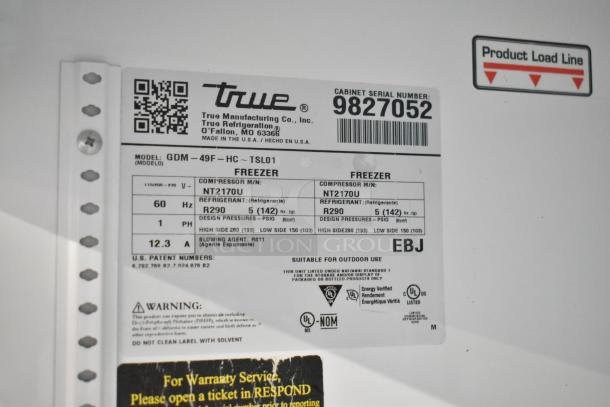 2019 True GDM-49F-HC commercial 2-door freezer, 115/208-230V, 1 phase. Model label with serial number and specs.