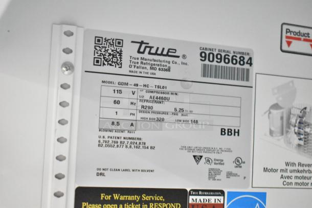 2017 True GDM-49-HC commercial 2 door cooler label. Displays model, voltage, refrigerant R290, and serial number 9096684.