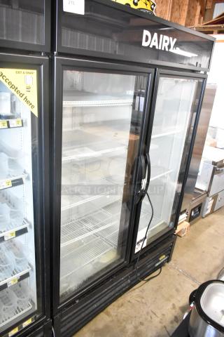 2019 True GDM-49-HC 2-door cooler merchandiser, glass doors, black frame, labeled "DAIRY," 115V, 1 phase, good condition.