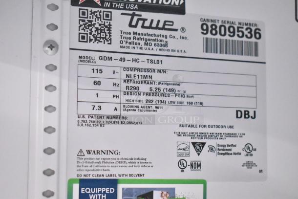 2019 True GDM-49-HC Cooler, model label detail, 115V, 1 phase, R290 refrigerant, Energy Star certified, serial 9809536.